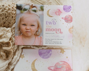 Photo Two the Moon Invitation, Two the Moon Party, Digital Two the Moon Birthday Invitation, Girl&#39;s Space Birthday Invitation, Digital Space