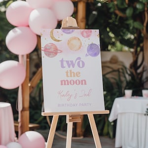 Two the Moon Party Welcome Sign, Editable Two the Moon Welcome Sign, Girl&#39;s Space Birthday, Digital Two the Moon Sign, Watercolor Space Sign