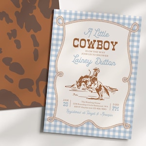 Inbjudan till babyshower med liten cowboy | Inbjudan till babyshower med western rodeo | Cowboy-tema med blått ginghammönster | Utskrivbar inbjudan bild 2