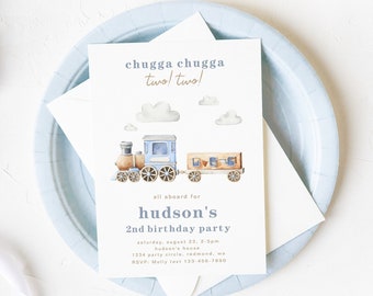 Train Second Birthday Invitation, Chugga Chugga Two Two Invitation, Blue Train 2nd Birthday Invitation, Train Invite, Train Party Invite