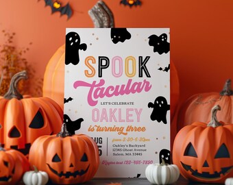 Digital Girl's Halloween Birthday Invitation, Spooktacular Birthday Invitation, Pink and Black Halloween Invitation, Ghost Birthday Invite