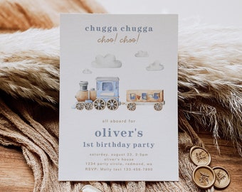 Train Birthday Party Invitation, Train Birthday Invitation, Digital Train Invitation, Watercolor Train Invitation, Train Invite, Blue Train