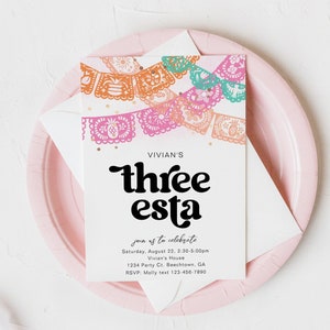 Three Esta Birthday Party Invitation, Third Birthday Fiesta, Pink Fiesta Birthday Invitation, Three-Esta Party, Three-Esta Invitations