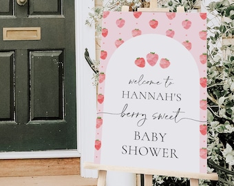 Strawberry Baby Shower Welcome Sign, Digital Strawberry Baby Shower, Berry Sweet Baby Shower, Strawberry Welcome Sign, Editable Strawberry