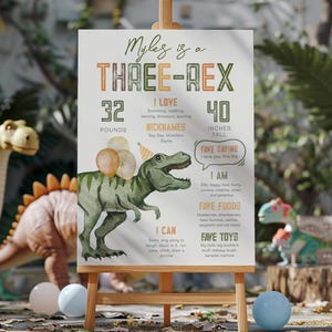 18x24 Three-Rex Dinosaur Milestone Poster, Dinosaur Milestone Board, Dinosaur 3rd Year Stats, Boy&#39;s 3rd Year Stat Board, Dino Milestone Sign