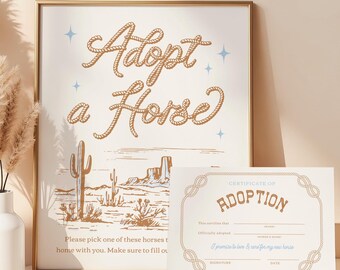 Edytowalny znak „Adoptuj konia” i certyfikat adopcji, znak „Adoptuj konia”, certyfikat adopcji konia, znak imprezy rodeo, znak adopcji konia