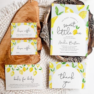 Lemon Baby Shower Suite, Lemon Baby Shower Invitations, Lemon Diaper Raffle Cards, Citrus Shower Suite, Lemon Shower Cards, Citrus Shower