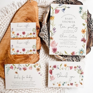 Florale Tee-Babypartyeinladung, Tee-Babypartyeinladung, Tee-Party-Babypartyeinladungen, Tee-Party-Babypartykarten, Tee-Babywindel