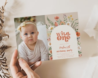 Photo Wildflower Birthday Invitation, Wild One Wildflower Invite, Text Wildflower Invitation, Wildflower Party Invitation, Wildflower Invite