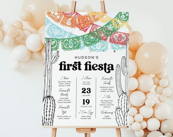 May include: A black and white printable poster with a cactus theme for a first birthday party. The poster includes the name "Hudson's first fiesta" and details about the child, including their favourite foods, books, and toys. The poster is decorated with colourful paper cutouts.