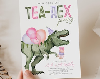 Invitación para fiesta de cumpleaños de Tea-Rex, fiesta de té de dinosaurios para niñas, invitaciones para té de dinosaurios, invitaciones para fiesta de té, fiesta de té para niñas, invitación de Tea-Rex