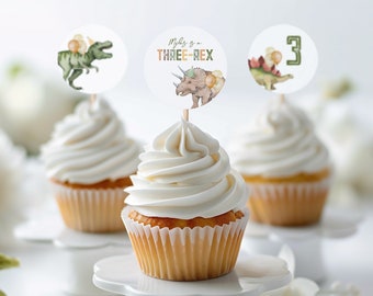 Editable Three-Rex Cupcake Toppers, Dinosaur Party Cupcake Toppers, Dino Party Toppers, Dinosaur Birthday Party Decor, Three-Rex Party