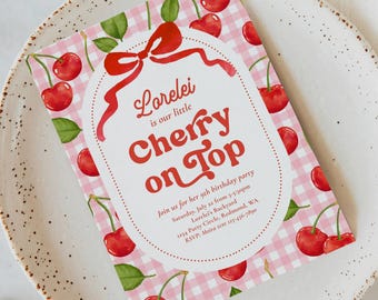 Cherry on Top Birthday Invitation, Retro Cherry Birthday Invitation, Cherry Gingham Birthday Invitation, Cherry on Top Invitation, Cherries