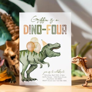 Dino-Four verjaardagsuitnodiging, Dino 4e verjaardagsuitnodiging, dinosaurus verjaardagsuitnodiging, vierde verjaardagsfeestje jongen, dinosaurus uitnodigen