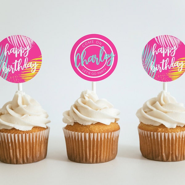 Let's Go Party Cupcake Toppers, Girl's Bright Pink Pool Party Cupcake Toppers, Let's Go Party Cupcake Toppers, Malibu Party Decorations