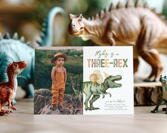 Photo Three-Rex Dinosaur Birthday Invite, Digital Dinosaur Birthday Invitation, Dinosaur Party Invitation, Three-Rex Invitation, Three-Rex