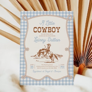 Inbjudan till babyshower med liten cowboy | Inbjudan till babyshower med western rodeo | Cowboy-tema med blått ginghammönster | Utskrivbar inbjudan bild 5