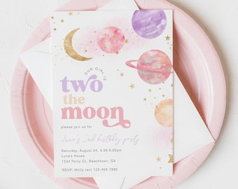 Two the Moon Birthday Party Invitation, Two the Moon Party, Digital Two the Moon Invitation, Girl's Space Birthday Invitation, Digital Space