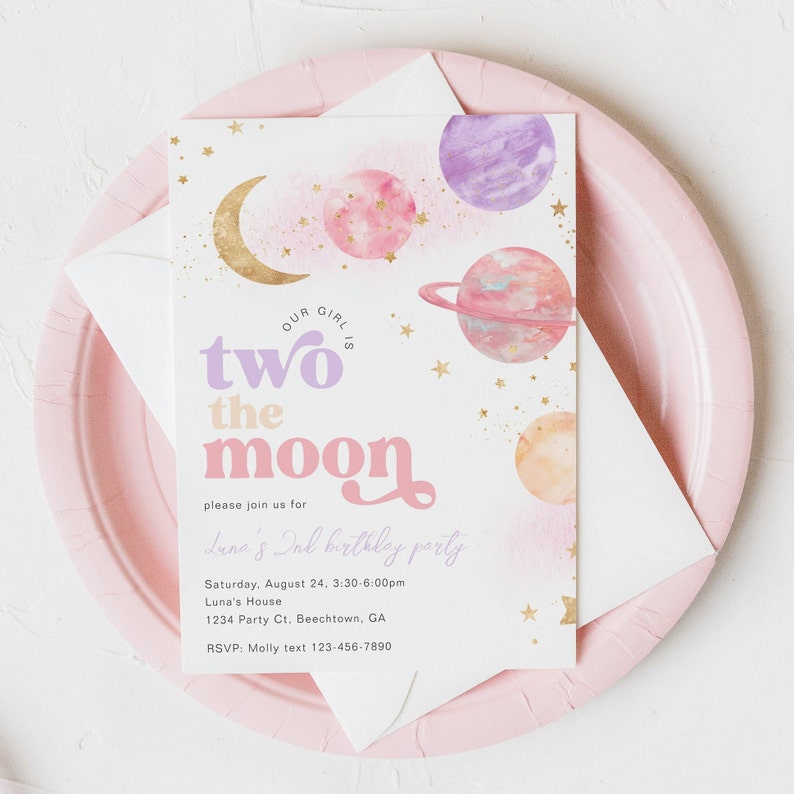 Two the Moon Birthday Party Invitation, Two the Moon Party, Digital Two the Moon Invitation, Girl's Space Birthday Invitation, Digital Space image 1