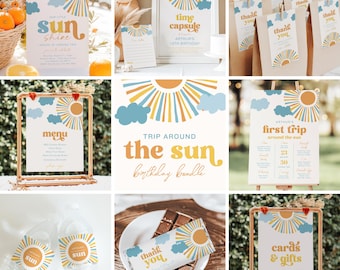Editable Sun Birthday Bundle, Trip Around the Sun Birthday Bundle, Sunshine Party Bundle, Editable Sun Invitation, Sun Printable Decor