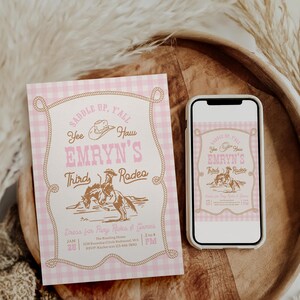 May include: A rectangular invitation card and a smartphone displaying the same design, featuring a pink and white gingham background, a brown rope border, a cowboy hat, and a rider on a horse with the text "Saddle Up, Y'all Yee Haw Emryn's Third Rodeo".