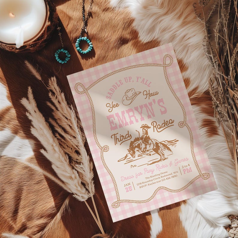 May include: A rectangular invitation card with a light pink and white gingham pattern, featuring a brown rope border, a cowboy hat icon, and text reading "Saddle up, y'all", "Yee Haw", "Emryn's Third Rodeo", "Dress for Pony Rides & Games", and event details.