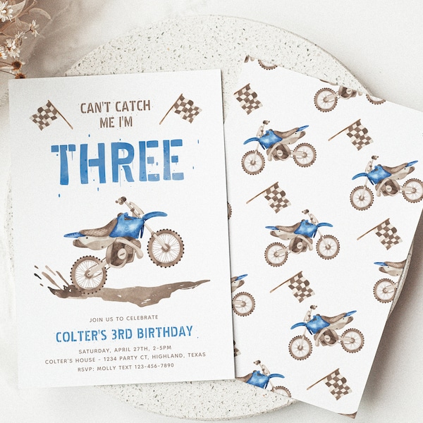 Faire-part d'anniversaire numérique pour le troisième anniversaire, Faire-parts d'anniversaire pour motos tout-terrain, fête bleue pour motos tout-terrain, Faire-part aquarelle pour motos tout-terrain