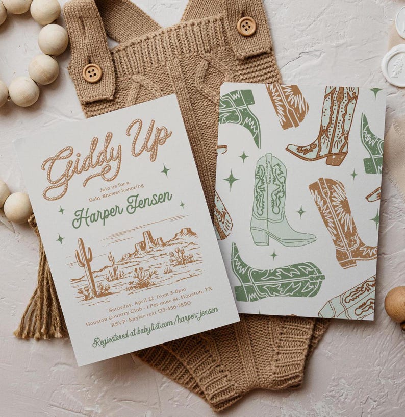 May include: A baby shower invitation with a western theme. The invitation features a desert landscape with cacti and mountains. The text reads "Giddy Up" and "Harper Jensen".