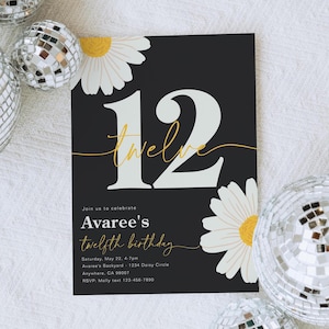 Daisy 12th Birthday Invitation, Twelfth Birthday Invitation, Girl's 12th Birthday Invite, Digital 12th Birthday, Wildflower 12th Birthday