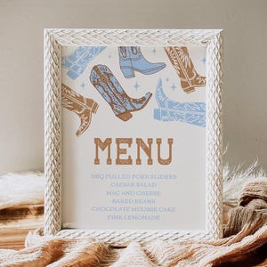 Bearbeitbares Cowboy-Menüschild, blaues westliches Menüschild, Cowboy-Babypartymenü, Cowboy-Geburtstagsmenü, Cowboy-erstes Geburtstagsschild, westliches Menü