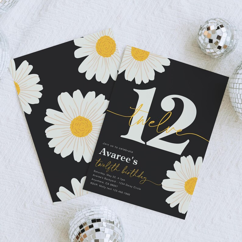 May include: Black and white birthday invitation with a large white number 12 with the word "twelve" in gold script. The background is black with white daisies.