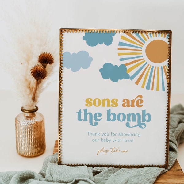 8x10" Editable Sun Bath Bomb Favor Sign, Here Comes the Son Favor Sign, Here Comes the Sun Baby Shower Sign, Sons are the Bomb Sign