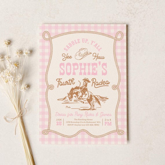 Pink Gingham Rodeo Invitation | Cowgirl Birthday Party Invite | Western Birthday | Rope Horse Invitations | Girl's Western Invite | Corjl