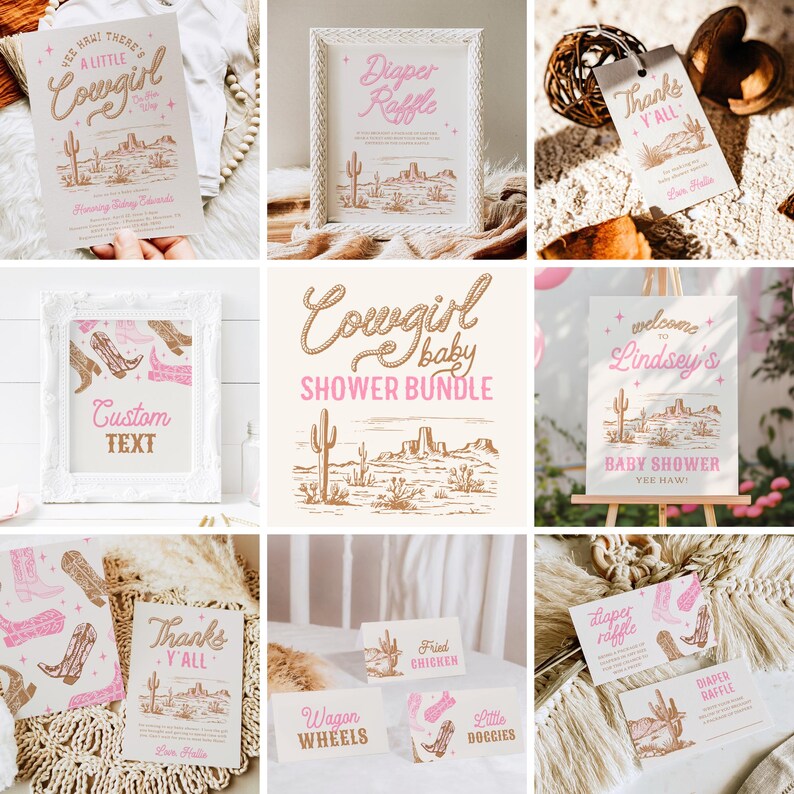 May include: A set of printable baby shower decorations with a pink and brown color scheme. The decorations feature a cowboy boot design and the text "Cowgirl Baby Shower Bundle".
