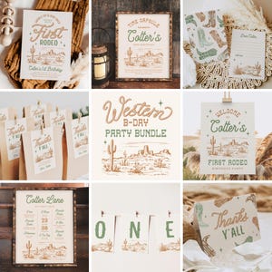 K&ouml;nnte beinhalten: Ein Party-Paket im Western-Stil mit braunem und gr&uuml;nem Farbschema. Das Paket beinhaltet ein Willkommens-Schild, eine Zeitkapsel, eine Einladung zum ersten Rodeo, eine Dankeskarte, ein Geburtstagsbanner und ein Schild zum ersten Geburtstag. Das Design zeigt eine W&uuml;stenlandschaft mit Kakteen, Bergen und Sternen.