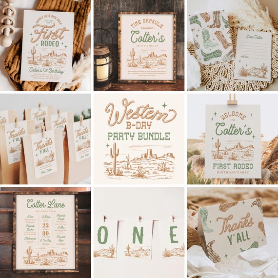 Green Western Birthday Bundle, Green Cowboy Birthday Bundle, Green Rodeo Party Bundle, Neutral Birthday Bundle, Western Bundle, Cowboy Party