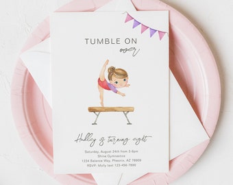 May include: A white invitation card with pink and purple bunting at the top. The card says "Tumble On Over" and features a cartoon illustration of a girl doing a back handspring on a balance beam. The text below the illustration says "Halley is turning eight" and includes details for the birthday party, including the date, time, location, and RSVP information.