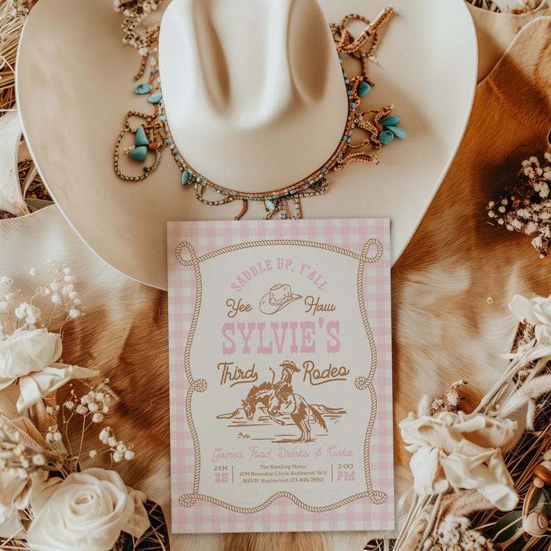 May include: A rectangular invitation card with a light pink gingham border and gold rope frame. The text reads: Saddle Up, Y'all, Yee Haw, Sylvie's Third Rodeo, Games Food Drinks & Cake, Jan 25, The Riving Home, 1234 Roundup Circle, RSVP: Kaylee.