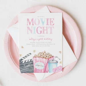 Faire-part d'anniversaire rose soirée cinéma, faire-part soirée cinéma, faire-part d'anniversaire film, faire-part film fille, faire-part film numérique