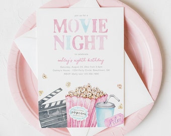 Roze film nacht verjaardagsuitnodiging, film nacht uitnodiging, film verjaardagsuitnodiging, meisje film uitnodiging, digitale film uitnodigen
