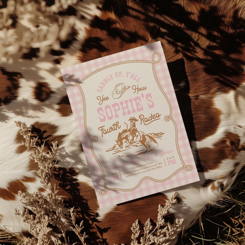 May include: A rectangular invitation card with a pink and white gingham border and a rope graphic. The text reads: SADDLE UP, Y'ALL, Yee Haw, SOPHIE'S Fourth Rodeo, Time for Pony Rides & Games, 2 to 4 PM, JAN 25, The Rustling Home, 1234 Roundup Circle Redmond, WA, RSVP: Kaylee text 123-456-7890.