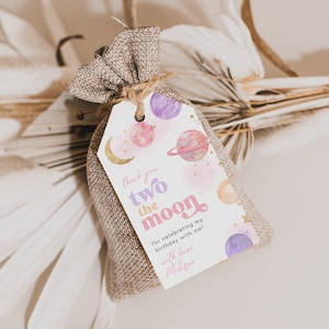 Twee de maan gunst tags, twee de maan dank u tags, digitale twee de maan gunst tags, meisje ruimte verjaardag decor, ruimte partij gunsten