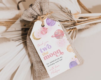 Two the Moon Favor Tags, Two the Moon Thank You Tags, Digital Two the Moon Favor Tags, Girl&#39;s Space Birthday Decor, Space Party Favors