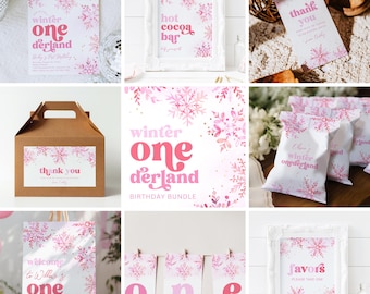 Winter Onederland Birthday Bundle, Pink Winter Party Bundle, Pink Winter Onederland Invitation, Winter First Birthday Bundle, Winter Party
