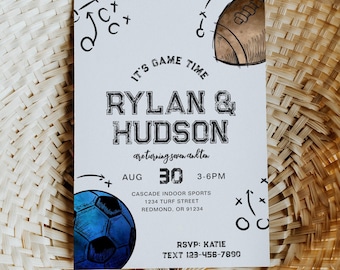 Joint Sports Birthday Invitation, Football & Soccer Invitation, Sibling Birthday Invitation, Joint Sports Party, Sibling Invitation, Sports