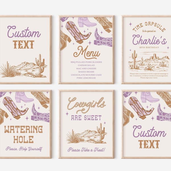 Purple Western Sign Bundle, Purple Cowgirl Party Signs, Cowgirl Sign Bundle, Purple Western Signs, Purple Rodeo Signs, Western Station Signs