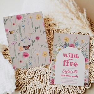 May include: A floral-themed birthday party invitation with a pink and white color scheme. The invitation features a whimsical illustration of flowers, butterflies, and a dragonfly. The text reads "Wild and Five" and "Saylor's 5th Birthday Party".