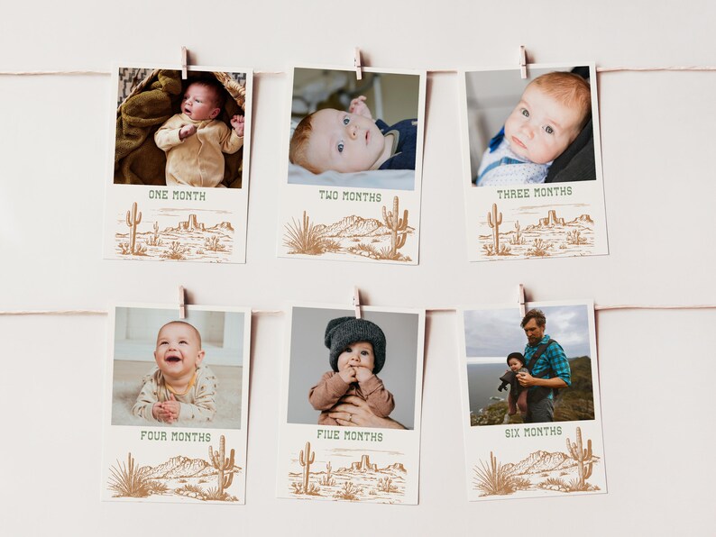 K&ouml;nnte beinhalten: Sechs Fotos in einer Reihe, die jeweils ein Baby in einem anderen Alter zeigen, von einem Monat bis zu sechs Monaten. Jedes Foto ist mit einem wei&szlig;en Rahmen versehen und hat unten eine braune W&uuml;stenlandschaft mit einem Kaktus. Die Fotos sind mit dem Alter des Babys in Monaten beschriftet.