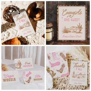 May include: A set of printable signs for a western-themed party. The signs feature a pink and brown color scheme with illustrations of cowboy boots, cacti, and a desert landscape. The text on the signs includes "Cowgirls are Sweet", "Wagon Wheels", "Fried Chicken", "Little Doggies", and "Thanks Y'all".