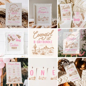 Cowgirl First Birthday Bundle, First Rodeo Birthday Bundle, Pink First Rodeo Birthday Bundle, Cowgirl Party Package, Girl&#39;s Western Party
